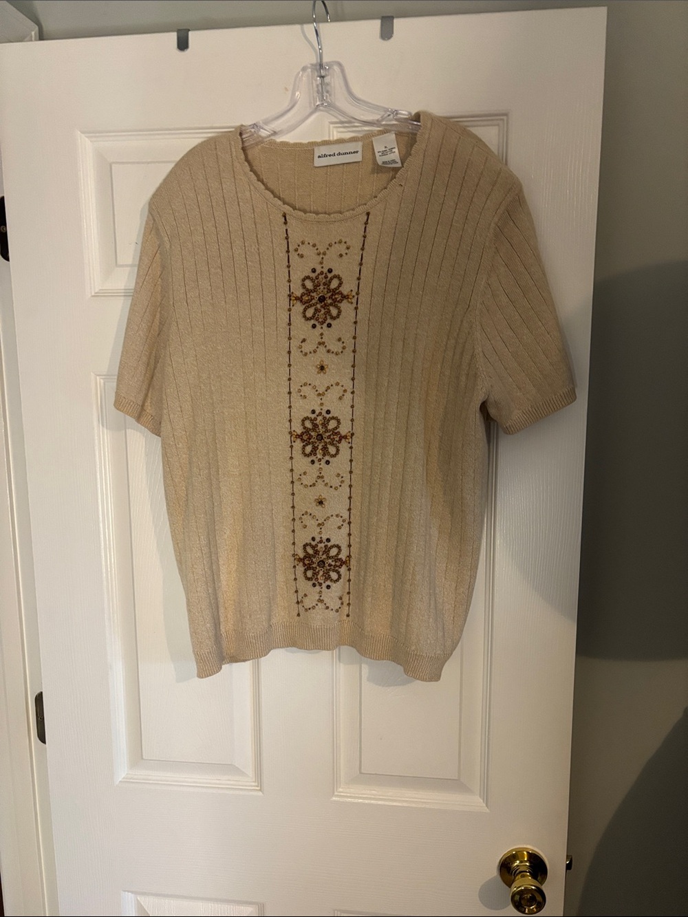 Alfred Dunner Beige Short-Sleeve Beaded Scoop-Neck Sweater